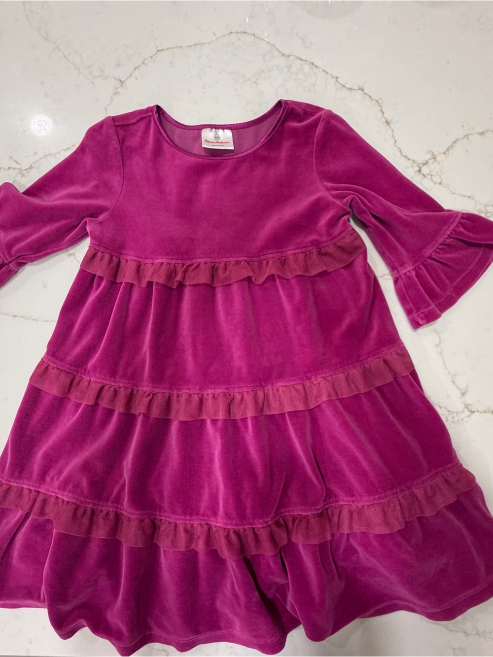 Hanna Andersson Magenta Velour Tiered Ruffle Dress Girls 120 6-7